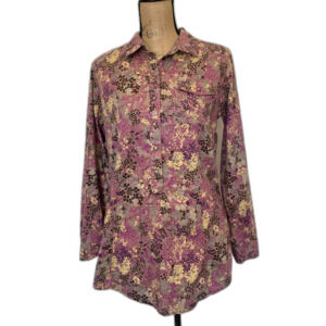 Woolrich Womens Popover Camp Shirt Tunic Tan Purple Floral Cotton Size Medium